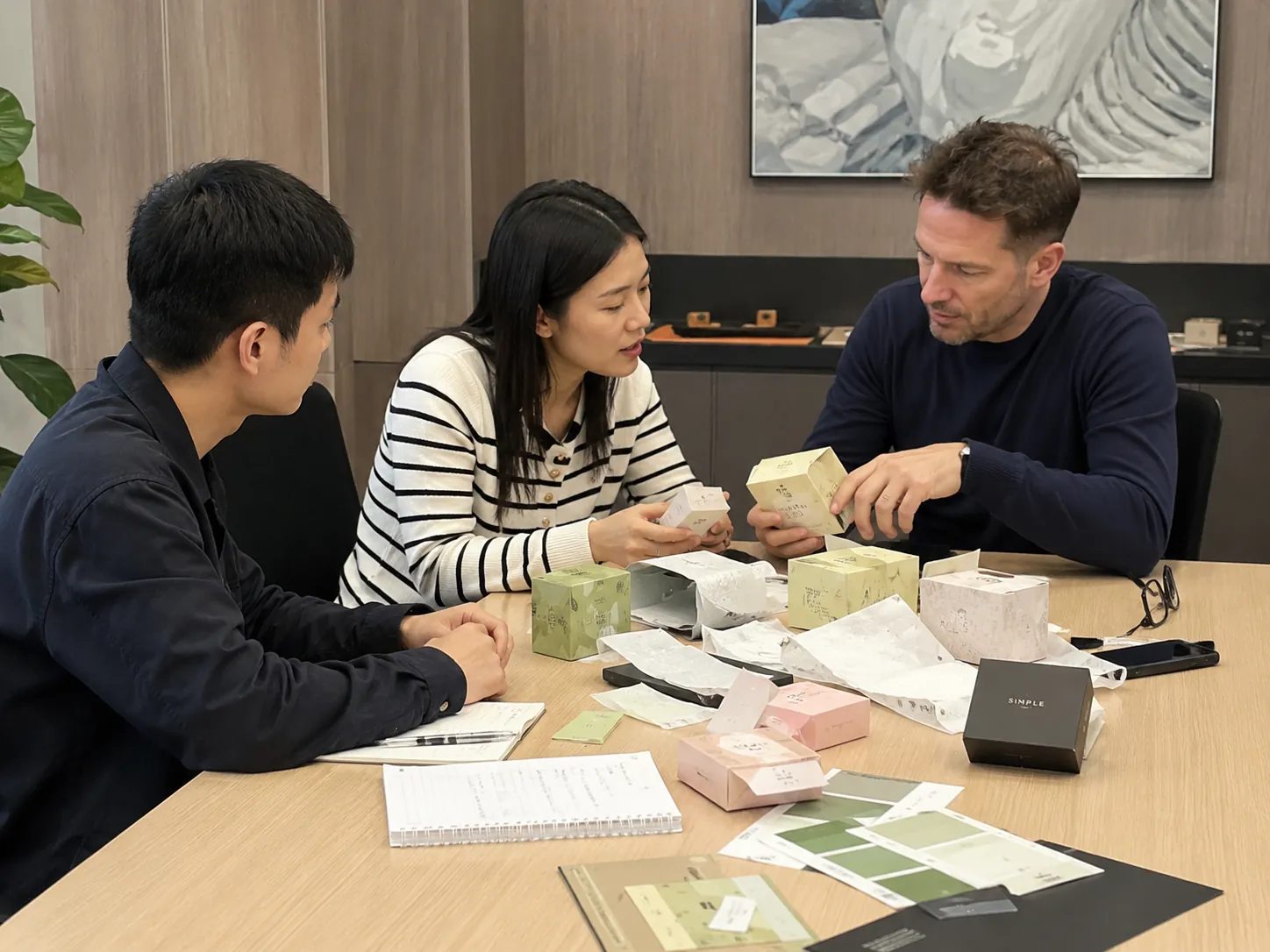 Buyer scenario discussion with product samples and packaging materials