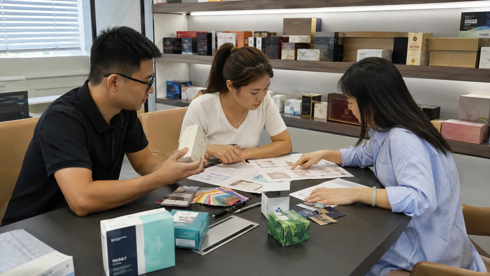 JKT sourcing team reviewing product samples and packaging specifications in China